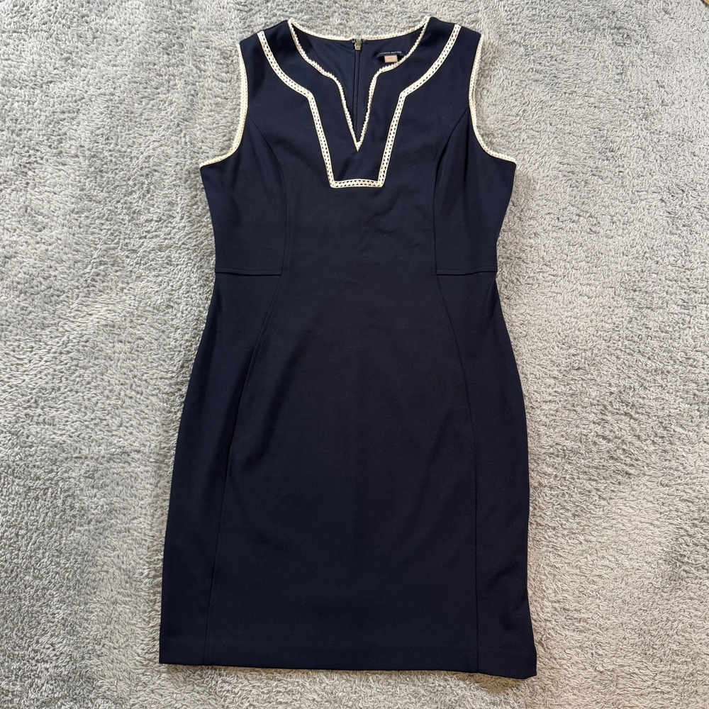 Tommy Hilfiger Sleeveless Sheath Dress 12 Navy Blue Crochet Trim Notched V-Neck
